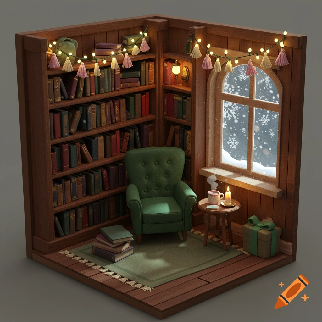 A cozy book nook diorama with a green armchair, a bookshelf, a window with snow outside, and fairy lights.