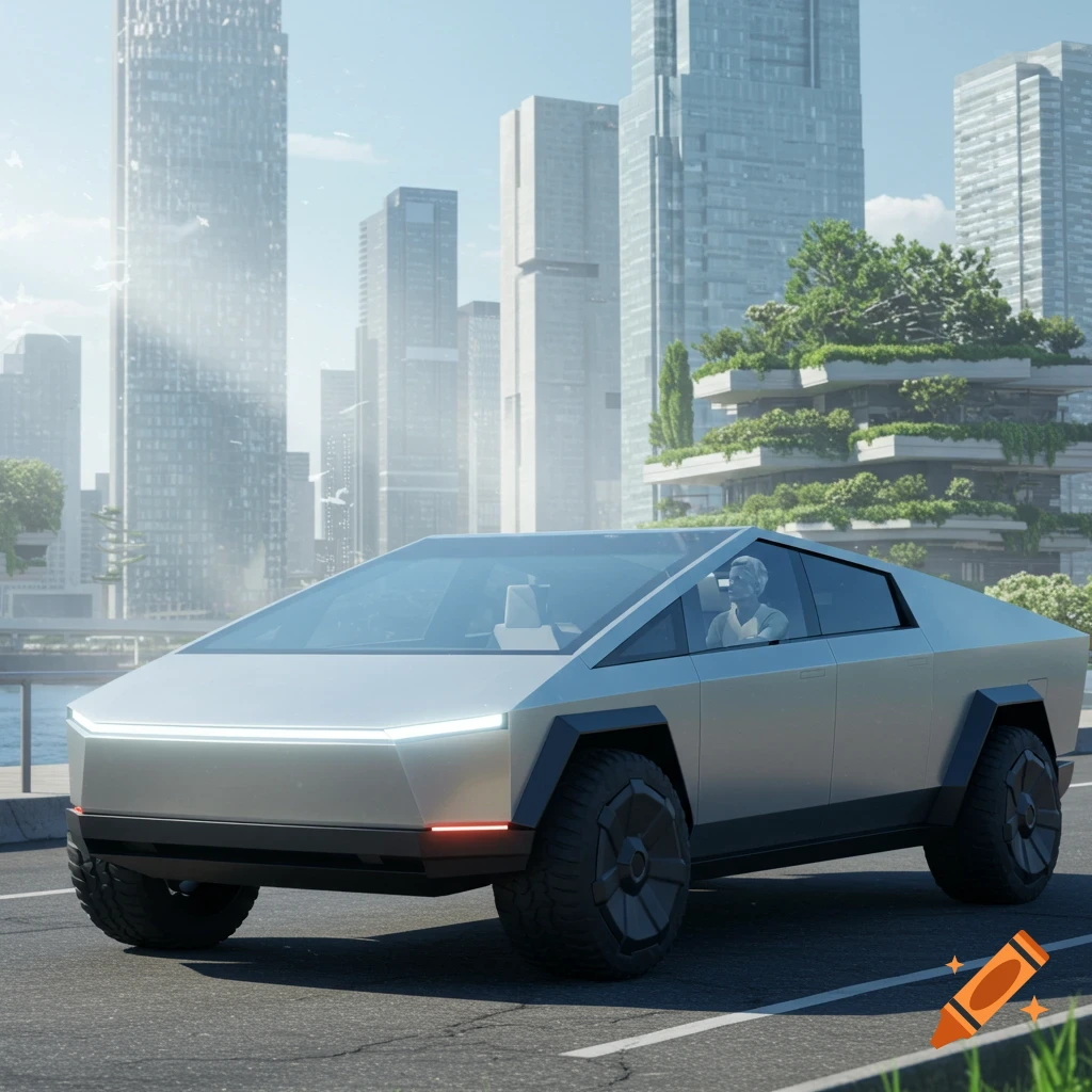 A silver Tesla Cybertruck with a driver on a road in a modern city with tall buildings and green structures.