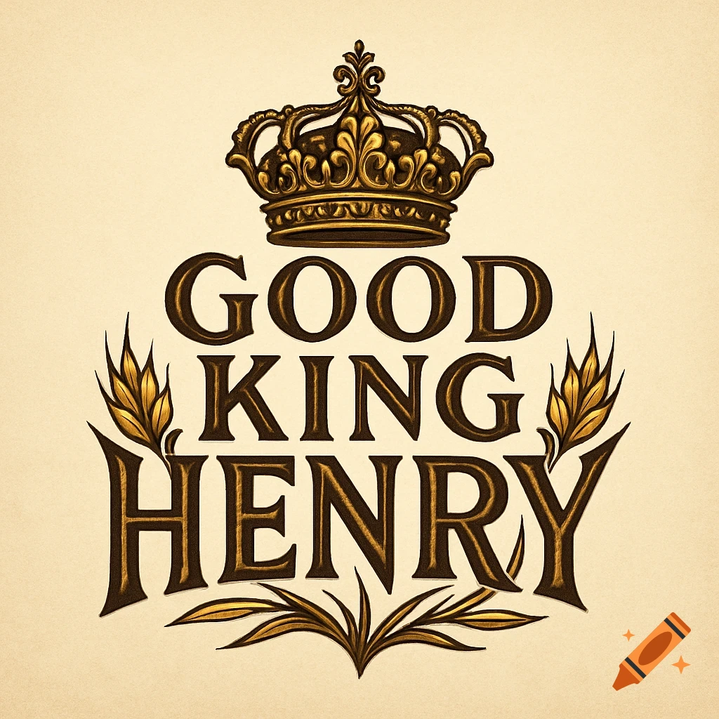 Ornate gold and brown logo featuring a crown above the words 'GOOD KING HENRY' surrounded by wheat stalks.