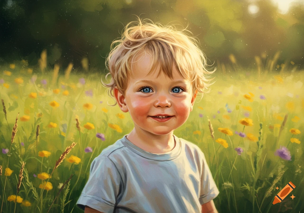 A smiling young boy with blonde hair and bright blue eyes stands in a sunny field of yellow and purple wildflowers.
