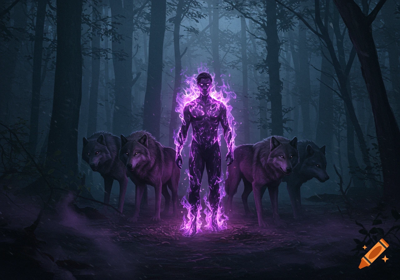 A man engulfed in purple flames stands in a dark forest, surrounded by four wolves with glowing eyes. Digital fantasy art.