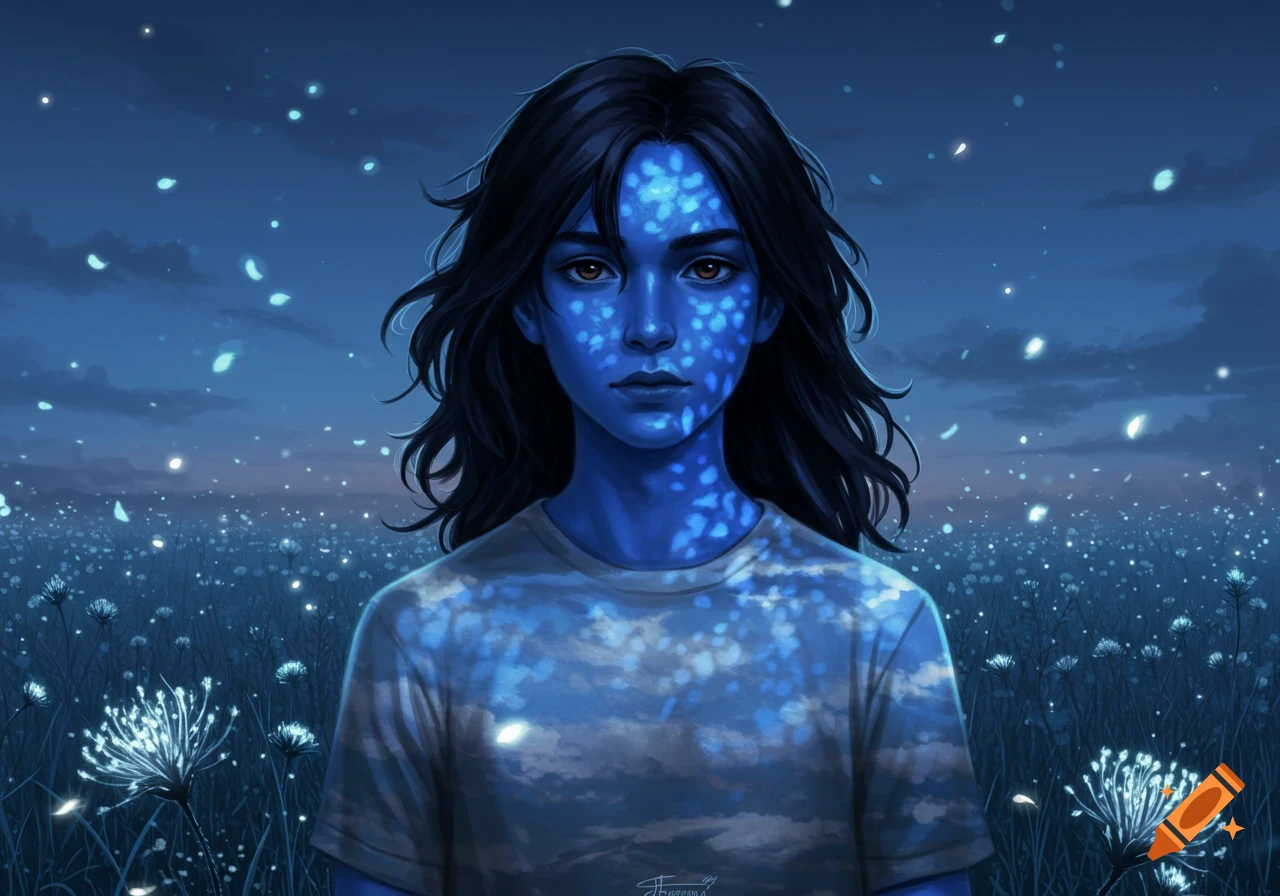 Digital painting of a blue-skinned boy with dark hair and glowing spots, standing in a luminous field at night.