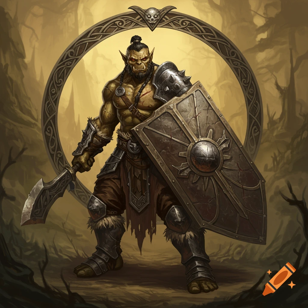 A green-skinned orc warrior with a large shield, axe, and armor stands within an ornate circular frame in a fantasy forest.
