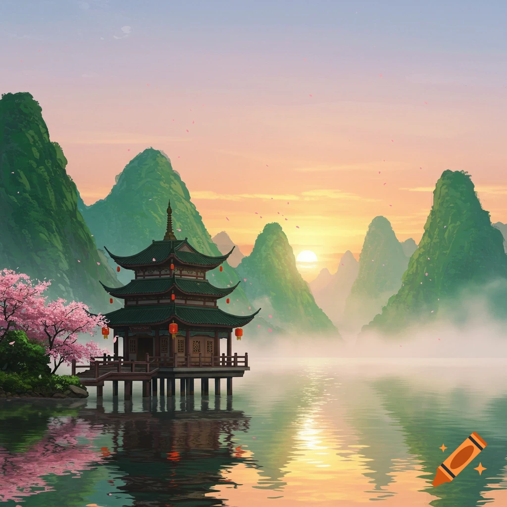 A serene digital painting of a traditional Chinese pagoda on a lake with cherry blossoms and misty mountains at sunset.