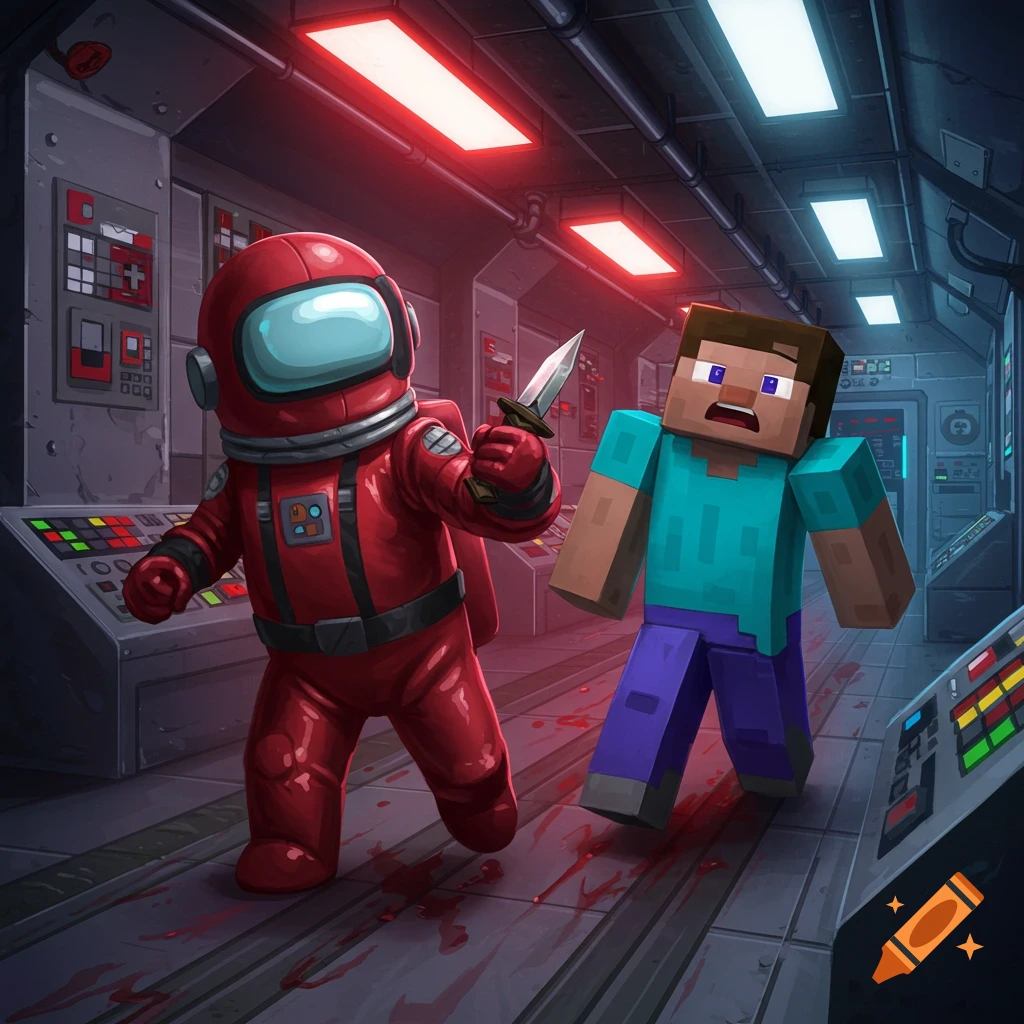 A red Among Us character with a knife chases a startled Minecraft Steve through a sci-fi spaceship corridor with blood on the floor.