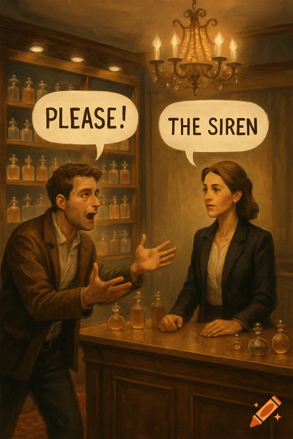 A painterly image of a man pleading with a woman behind a counter in a dimly lit fragrance store, with speech bubbles reading 'PLEASE!' and 'THE SIREN'.