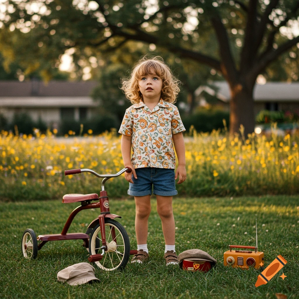 A young child with blonde curly hair stands in a grassy yard next to a red tricycle, a radio, and two caps. The setting is a sunny field with yellow flowers.