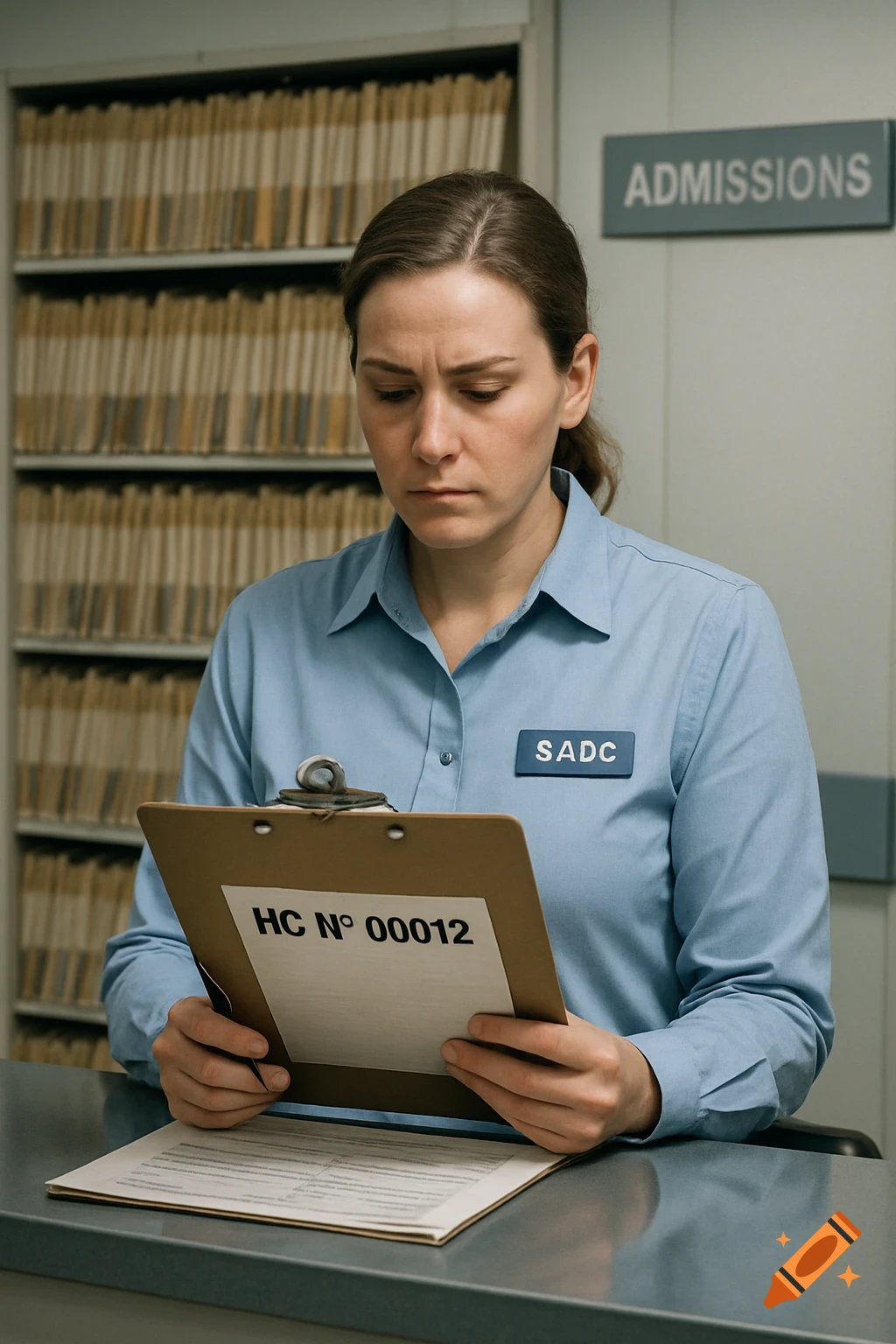 A woman in a light blue shirt reviews a clipboard with "HC Nº 00012" at an "ADMISSIONS" counter in a medical office with file shelves. Photorealistic.