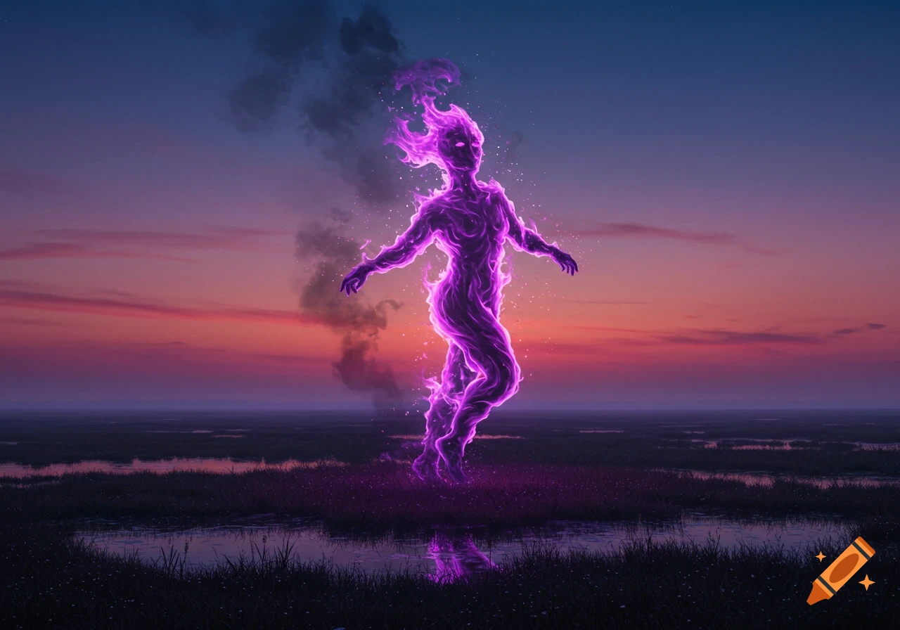 A glowing purple flame humanoid figure stands in a marshy landscape with water reflections at sunset.