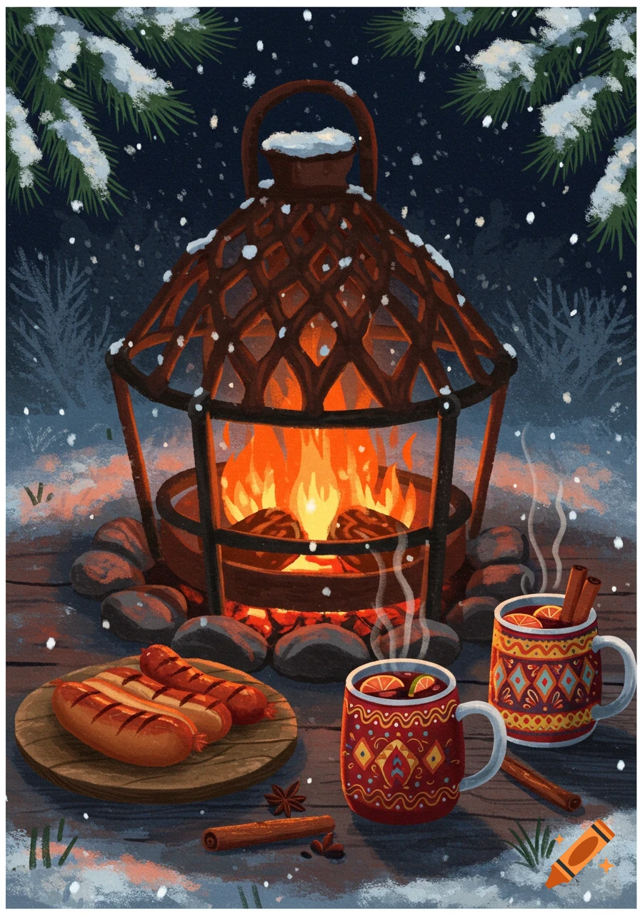 Cozy winter illustration: A fire pit glows beside a platter of grilled hot dogs and two steaming mugs of mulled wine on a snowy table.