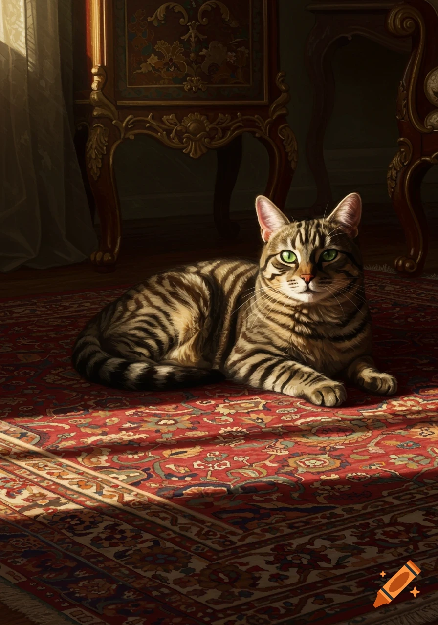 A tabby cat with green eyes lies on an ornate red and gold rug, bathed in a warm shaft of sunlight from a window.