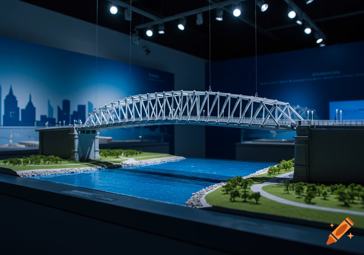 Detailed model of a truss bridge over a river with landscaped banks, set against a blue cityscape backdrop in an exhibit.
