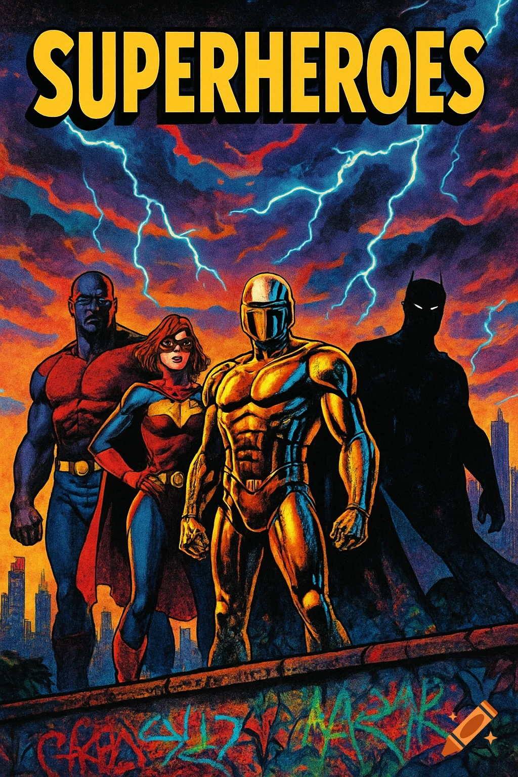 A comic book style illustration titled "SUPERHEROES" with four diverse superheroes standing before a stormy, lightning-filled sky over a city skyline.