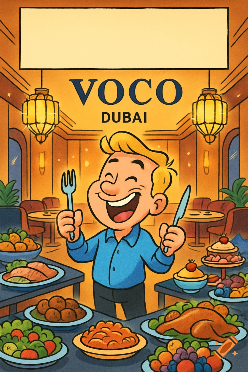 A happy blond cartoon man with a fork and knife stands in front of a buffet at the VOCO Dubai restaurant.