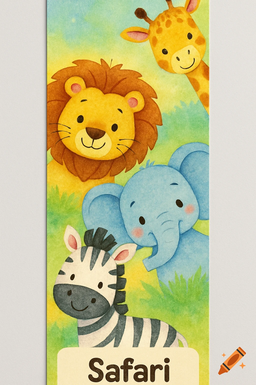 Watercolor bookmark featuring cute cartoon safari animals: a lion, giraffe, elephant, and zebra. The word 'Safari' is at the bottom.