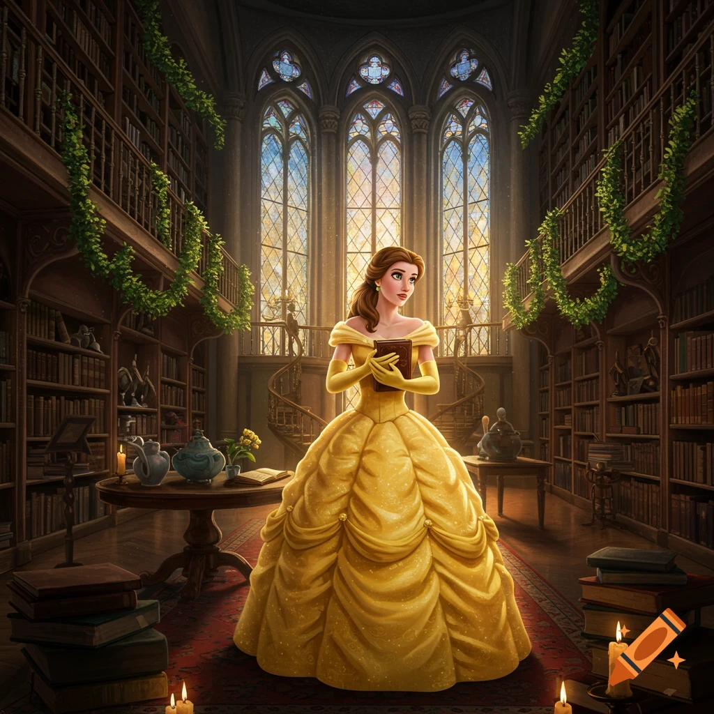 Princess Belle in a yellow gown holds a book in a grand library with tall, stained glass windows.
