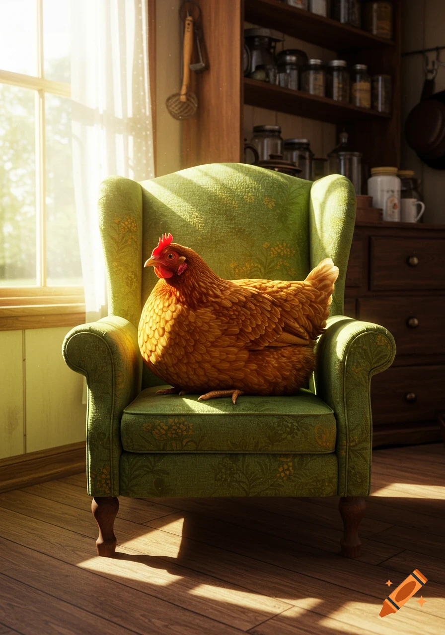 A photorealistic image of a brown chicken sitting comfortably on a green armchair in a sunlit room.