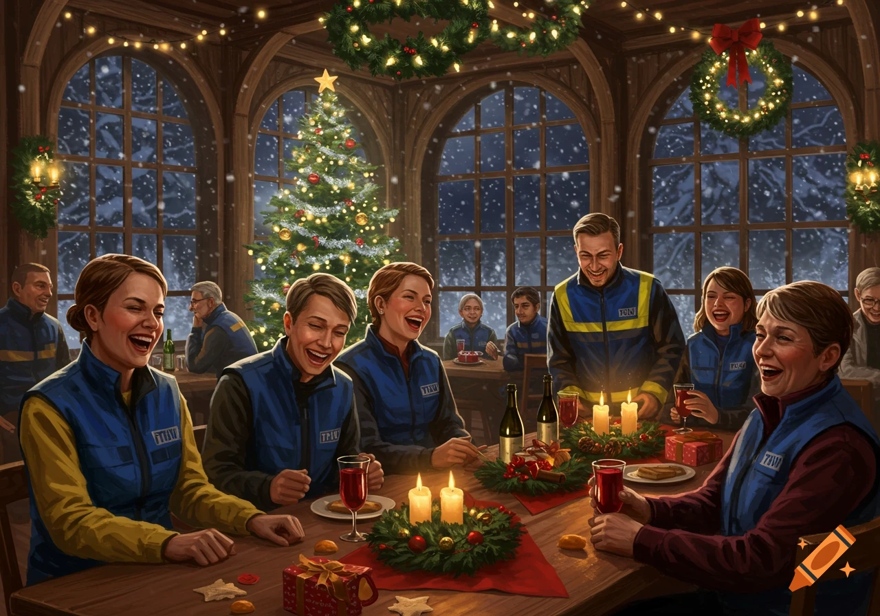 A festive illustration of people in blue and yellow uniforms celebrating Christmas around a candlelit table with a decorated tree in the background.