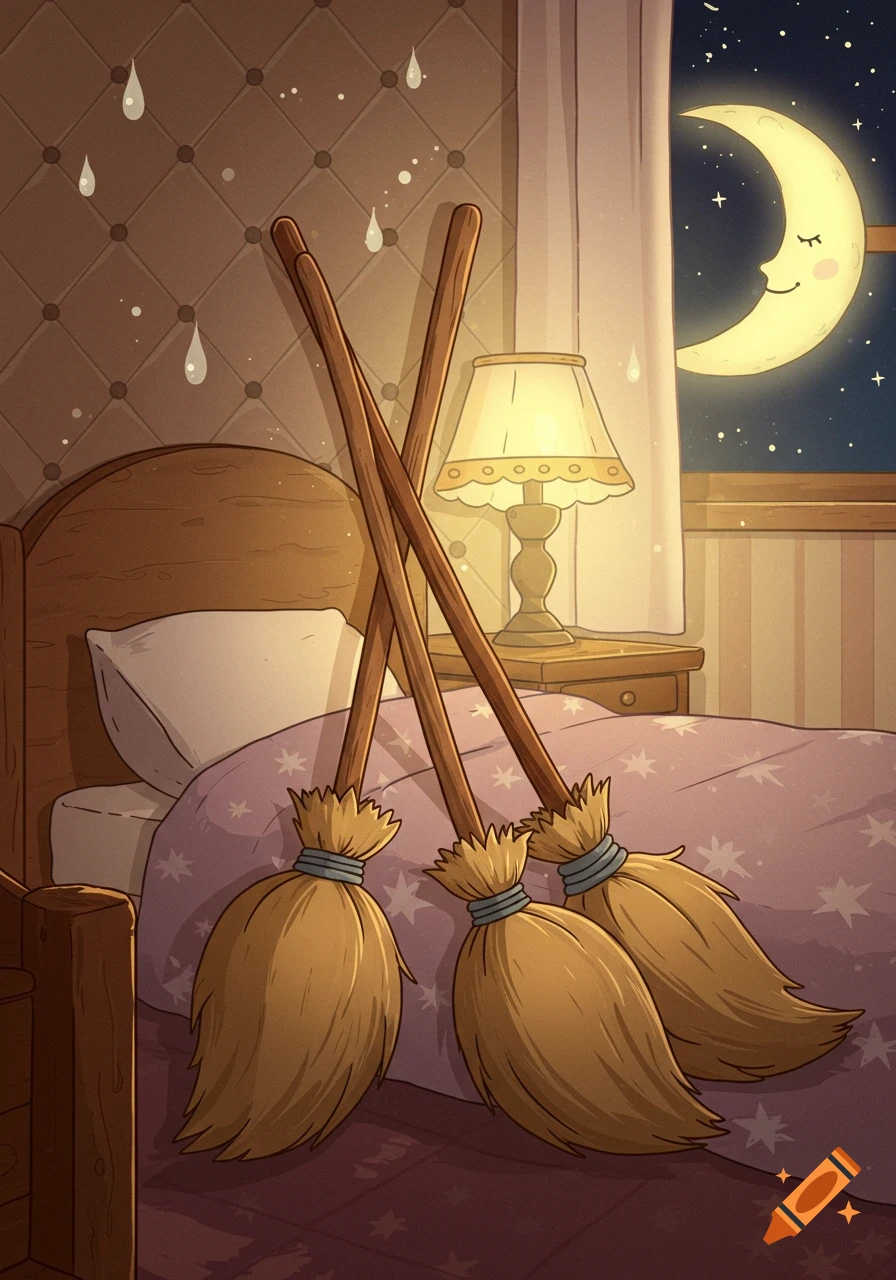 Three cartoon brooms lean against a bed in a cozy bedroom at night, with a sleepy crescent moon visible outside the window.