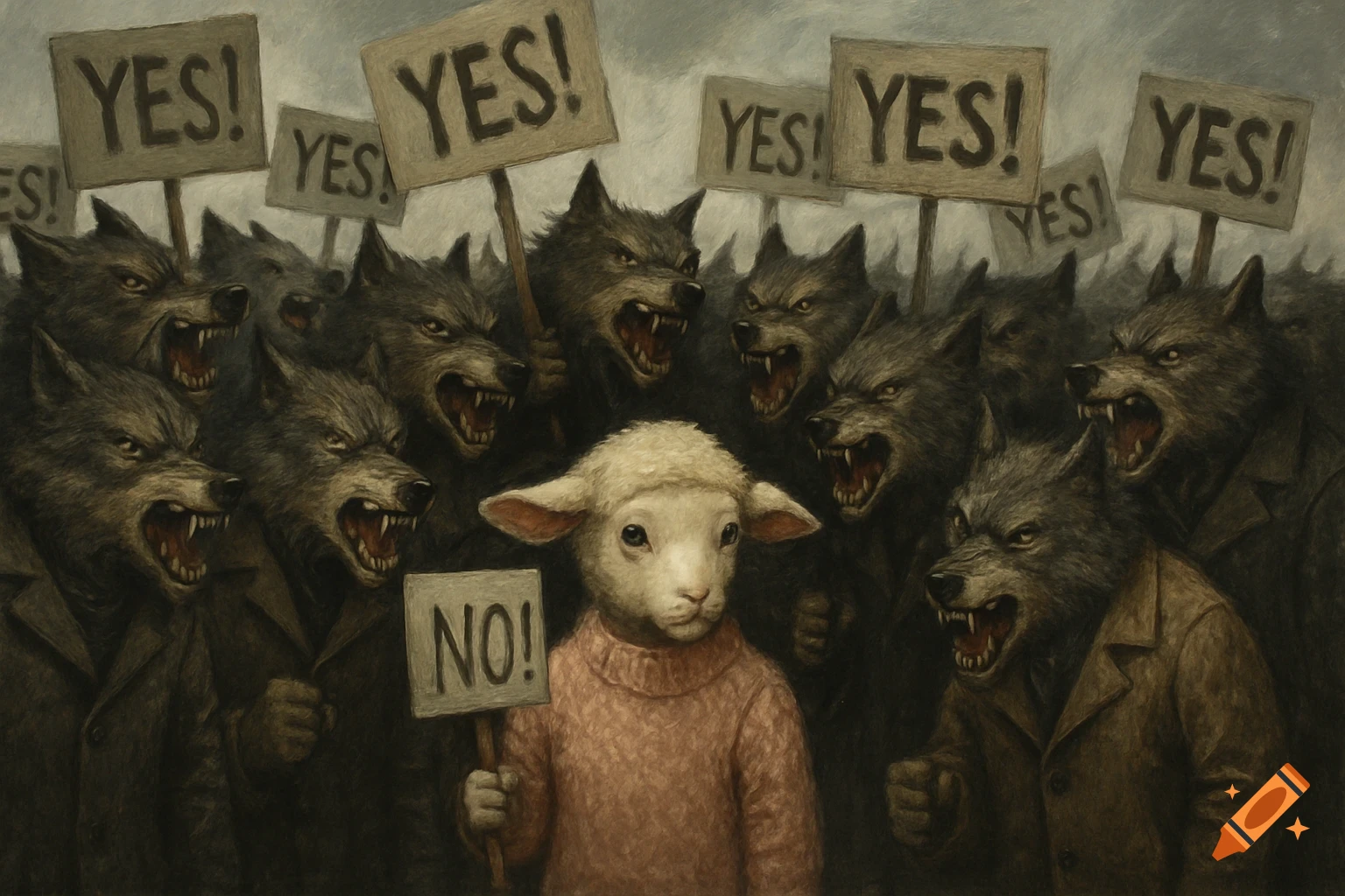 A worried lamb holding a "NO!" sign stands amidst an angry mob of wolves holding "YES!" signs, in a dark painting.
