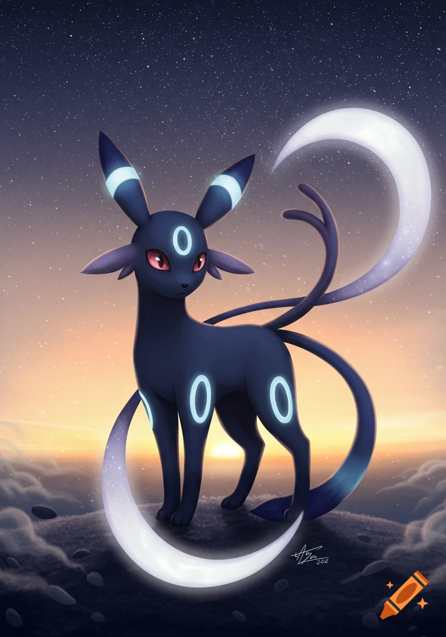 An Umbreon with glowing rings and red eyes stands on a dark, rocky cloud under a starry twilight sky, its long crescent-shaped tail glowing.