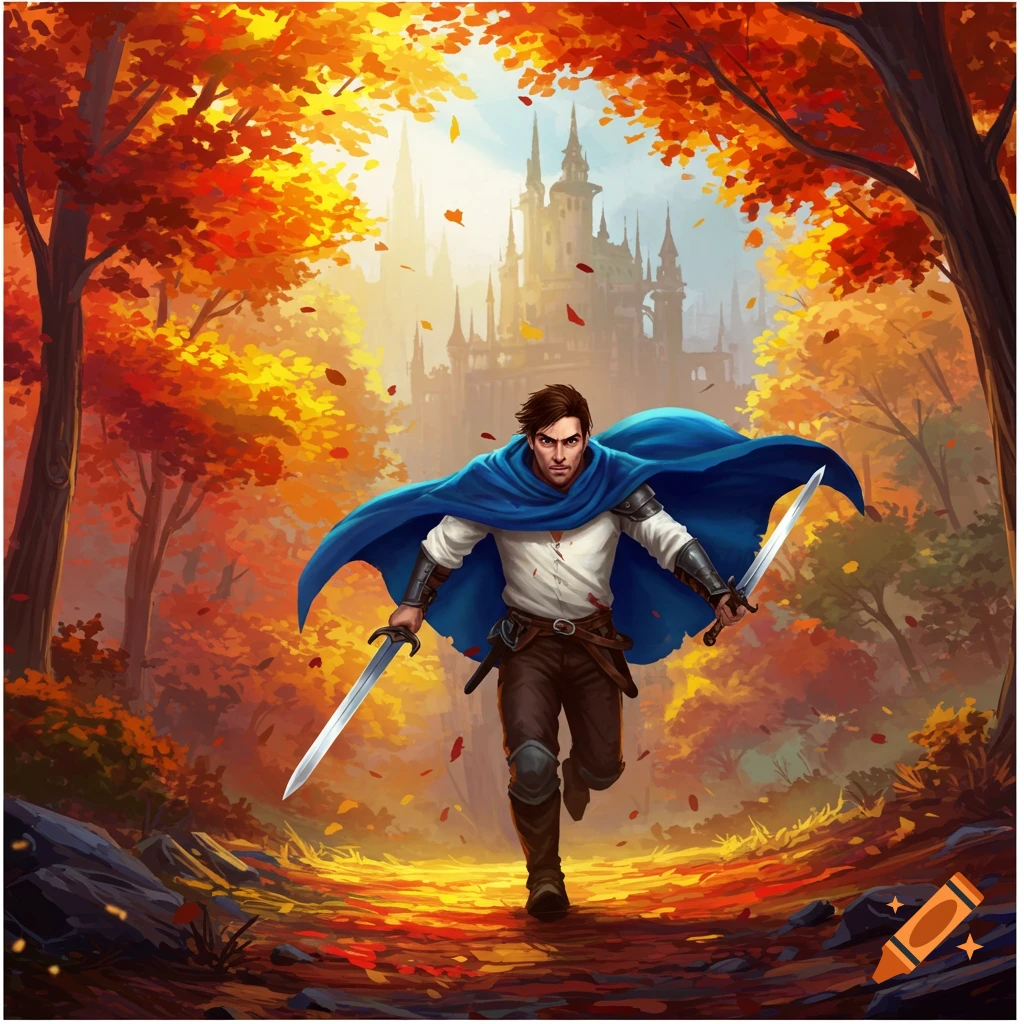 A man in a blue cape, holding two swords, runs through an autumn forest towards the viewer, with a castle in the background. Illustrative style.