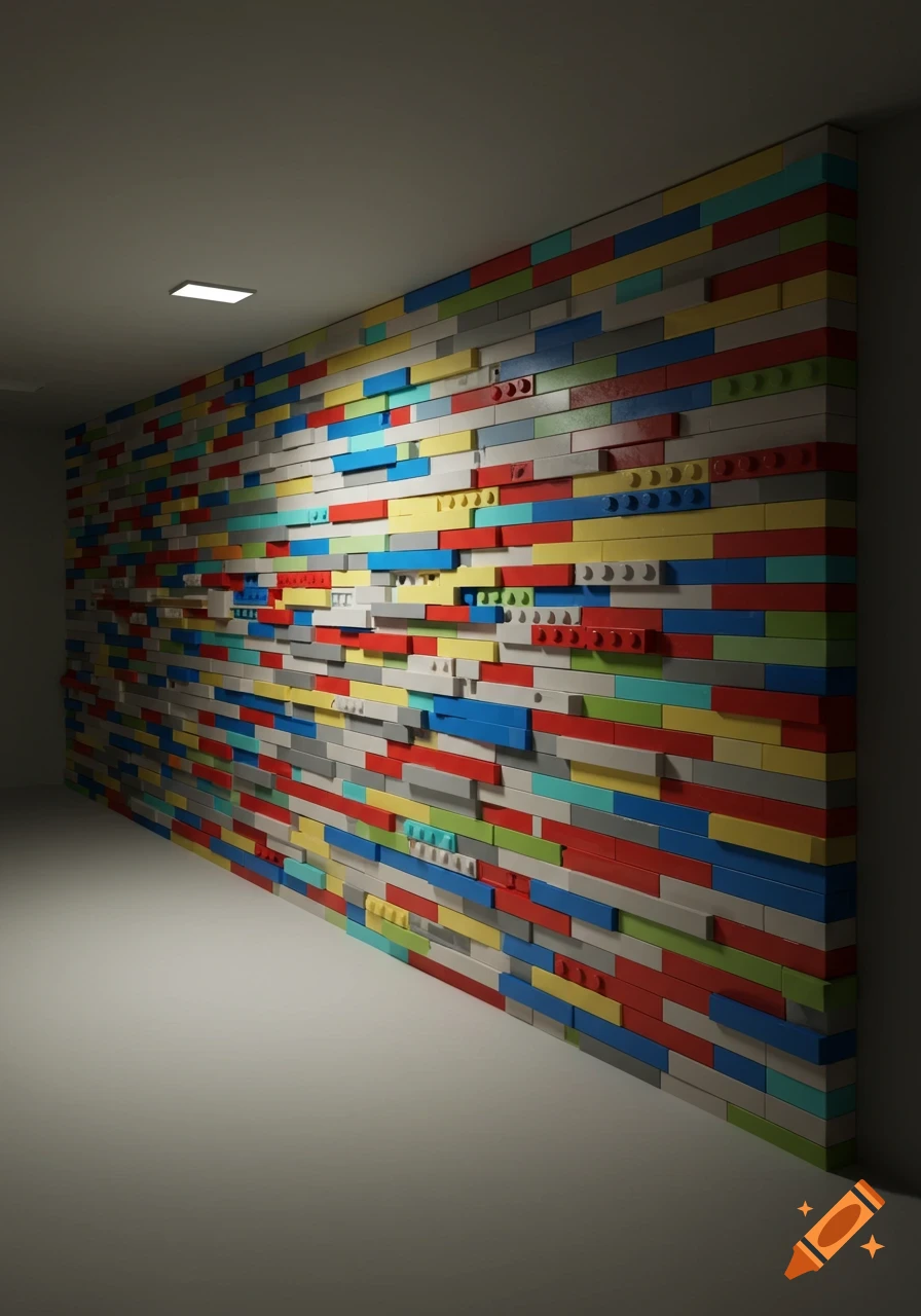 Side view of a vibrant wall made of colorful, protruding Lego-like bricks under soft lighting.
