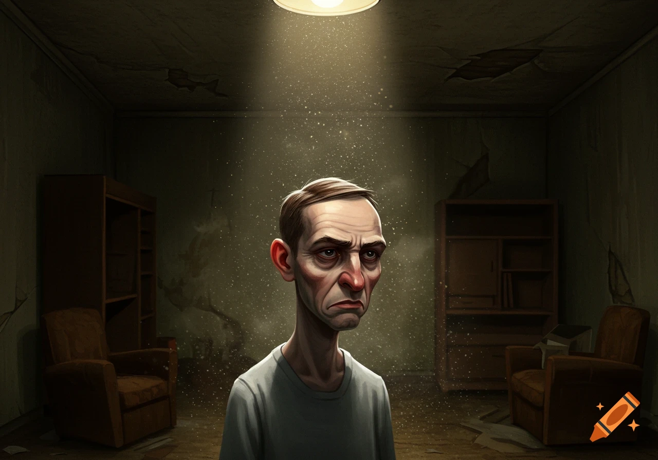 A stylized illustration of a gaunt, unhappy man in a dilapidated, dimly lit room under a single light.