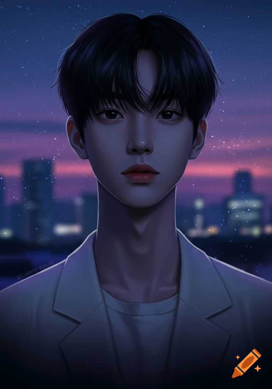 Digital painting of a handsome young Korean boy with black hair, looking forward against a purple twilight city skyline.