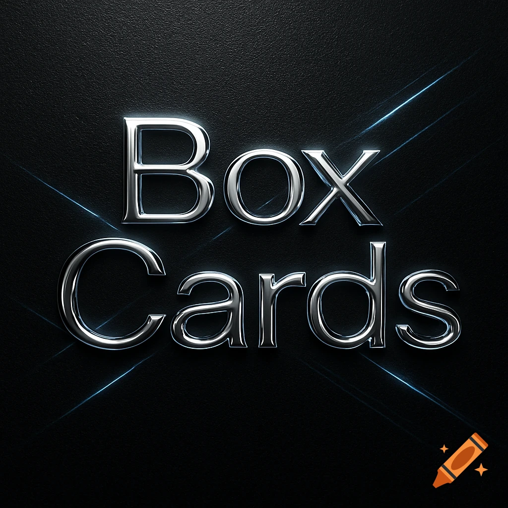 Shiny chrome "Box Cards" text on a dark textured background with blue light streaks.