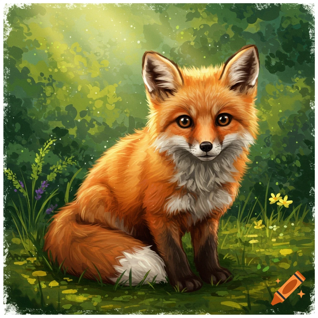 A fluffy, orange fox with white and dark brown markings sits in a vibrant, green, painterly forest.