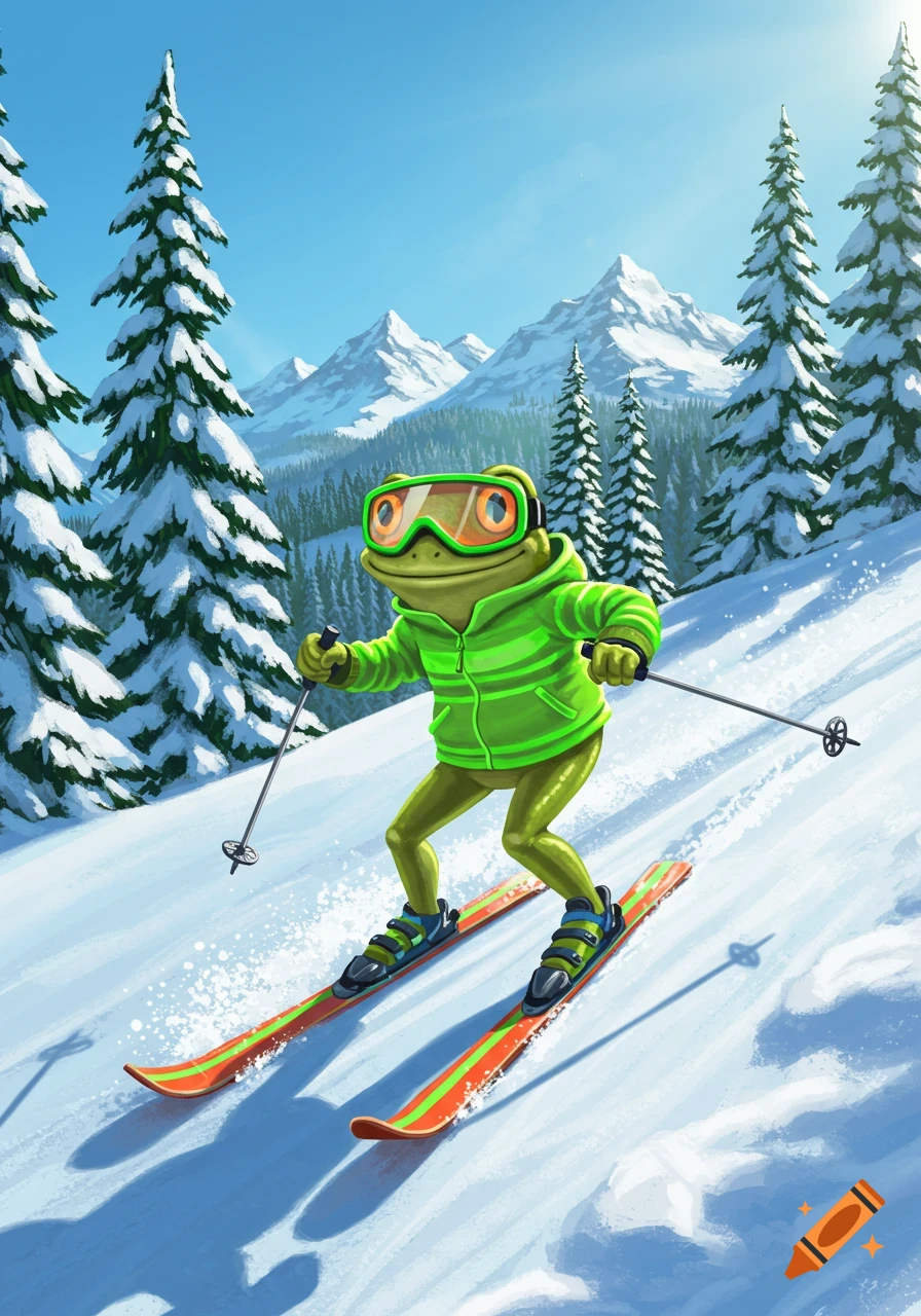 A cartoon green frog wearing a bright green jacket and ski goggles skis down a snowy mountain slope with pine trees and distant peaks.