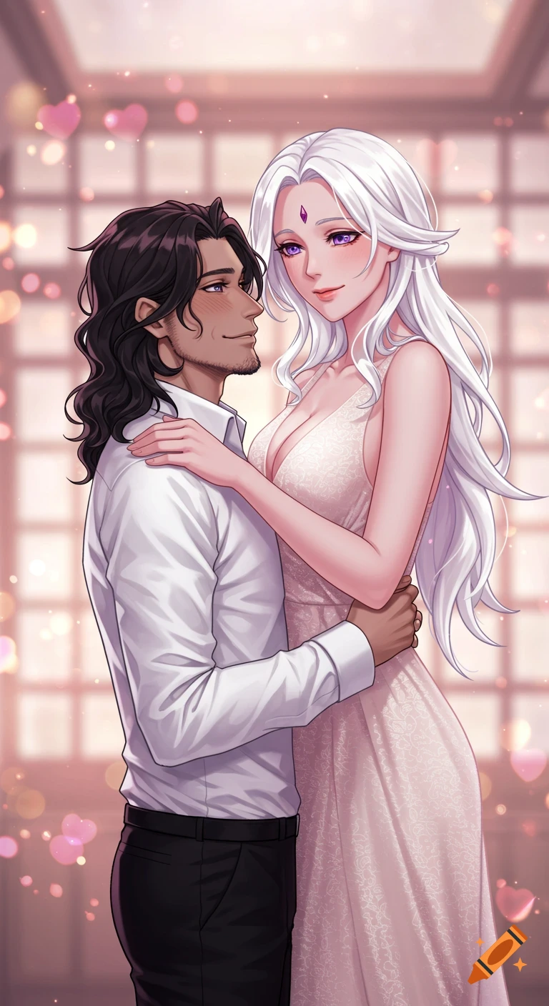 An anime couple, a man with dark hair and a woman with white hair in a pink dress, lovingly embrace in a romantic, bokeh-lit setting.