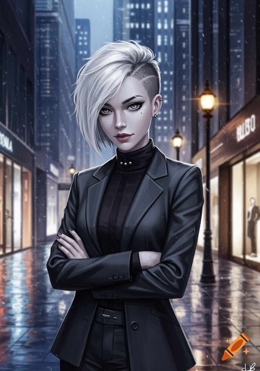 Anime-style woman with white undercut hair in a black suit, standing with crossed arms on a rainy city street at night.
