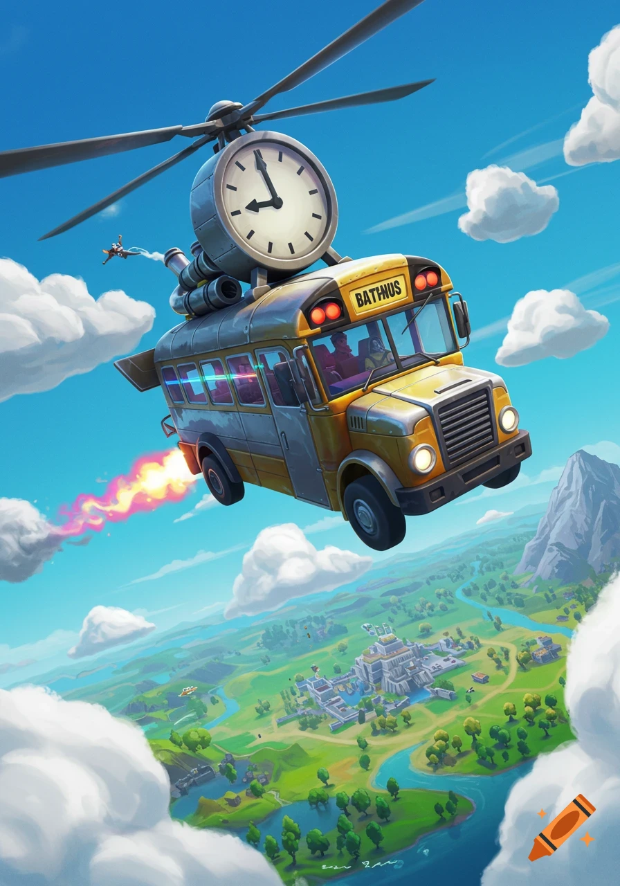 A yellow school bus with a large clock and helicopter blades flies high above a cartoonish landscape, trailing fire.
