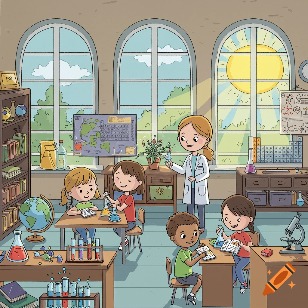 Cartoon teacher and children conducting science experiments with various lab equipment in a brightly lit classroom.