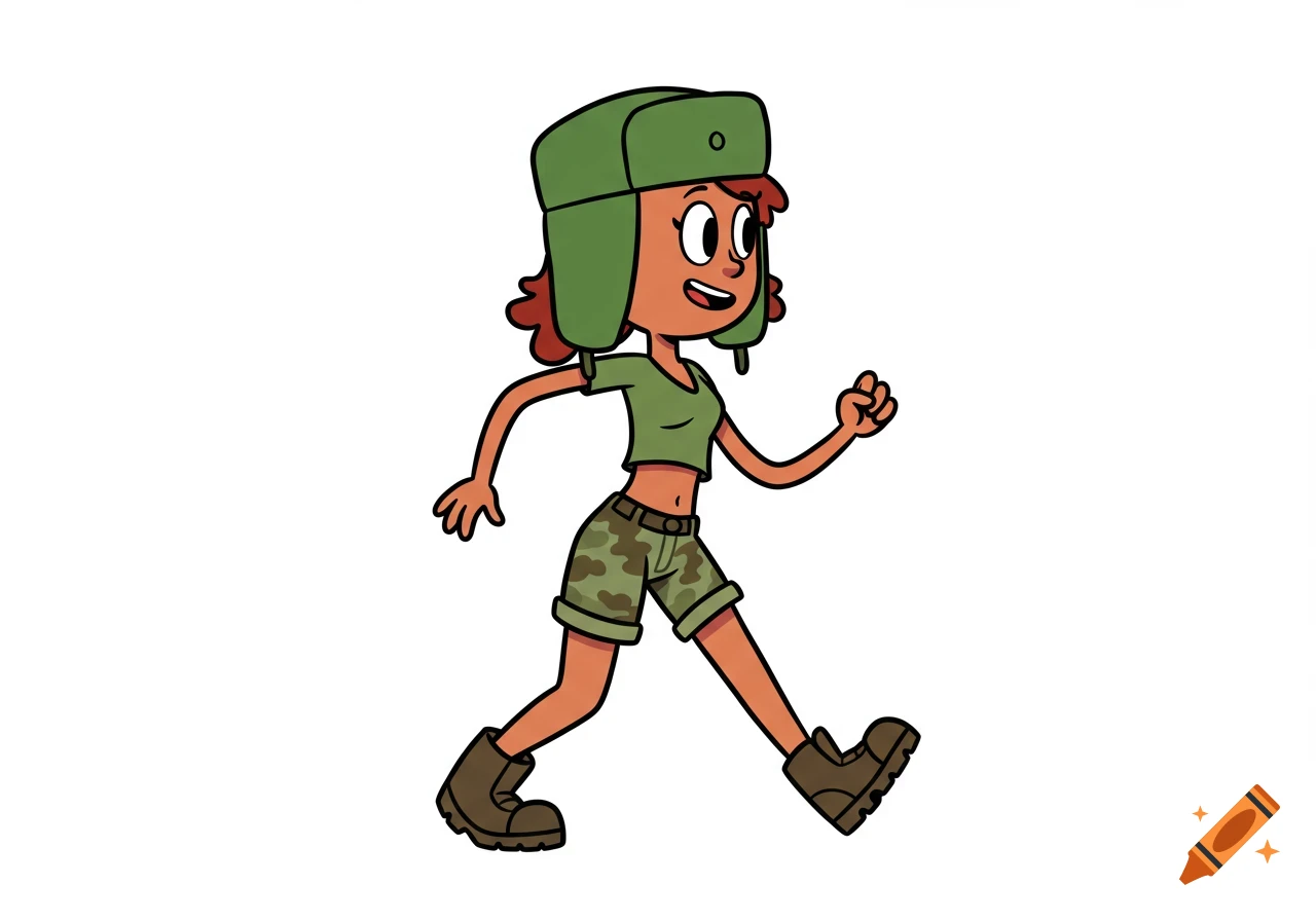 A rubber hose style cartoon woman walks, wearing a green trapper hat, green crop top, camo shorts, and brown boots.