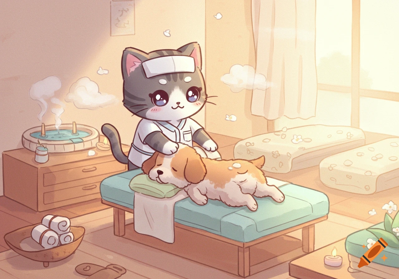 A cute cartoon cat esthetician in a white uniform massages a fluffy dog on a spa bed in a cozy room with soft lighting.