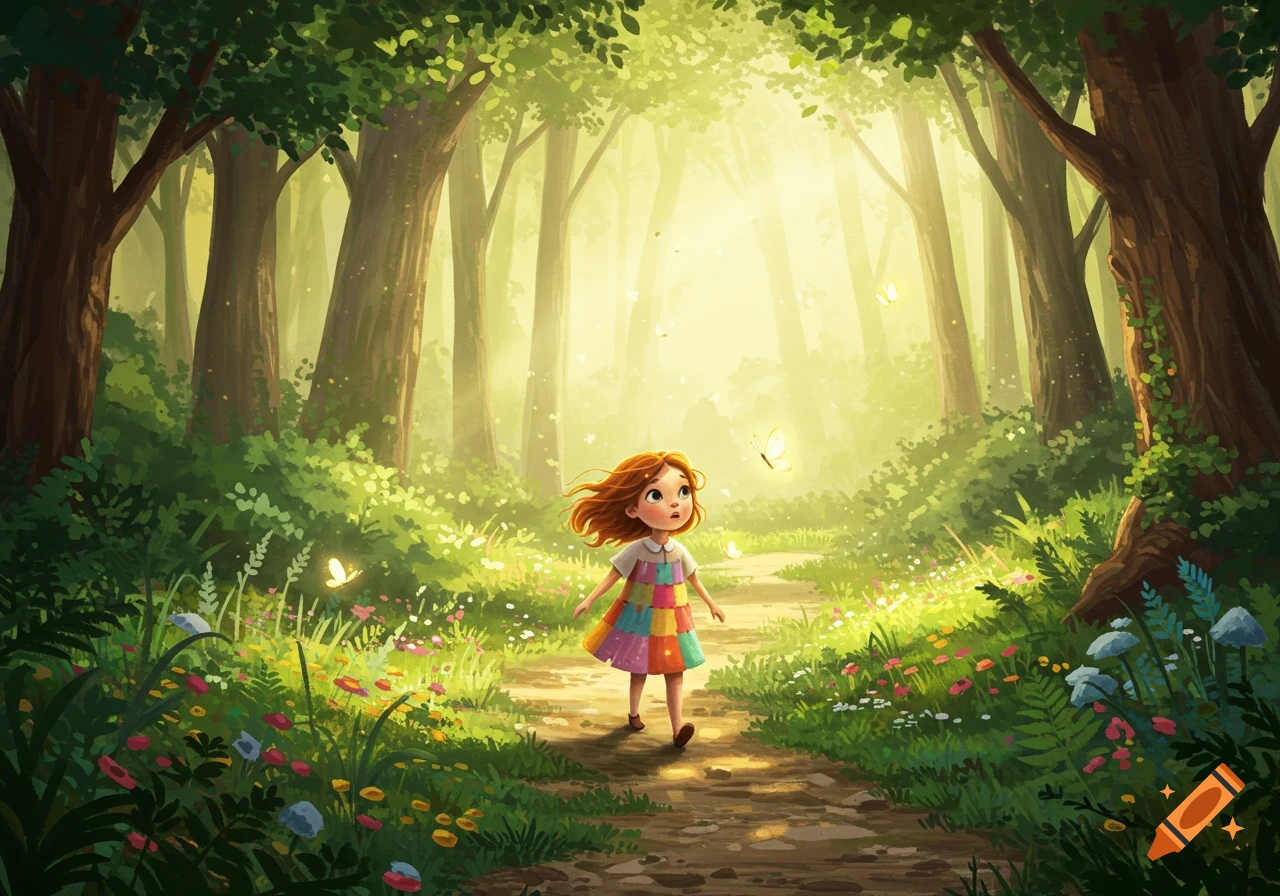 An illustration of a red-haired girl in a colorful dress walking on a path in a sunlit fantasy forest with glowing butterflies.