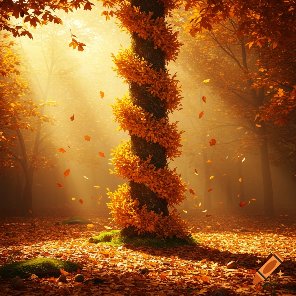 A pillar-like tree trunk covered in bright orange autumn leaves stands in a sun-dappled autumn forest with falling leaves.