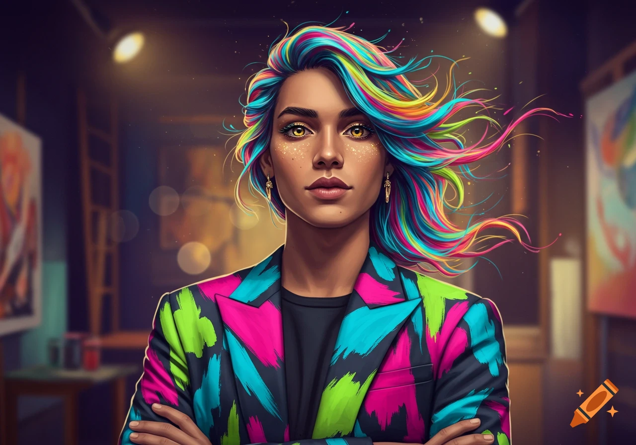 Digital art portrait of a woman with flowing rainbow hair and a colorful brushstroke jacket, standing in an art studio.