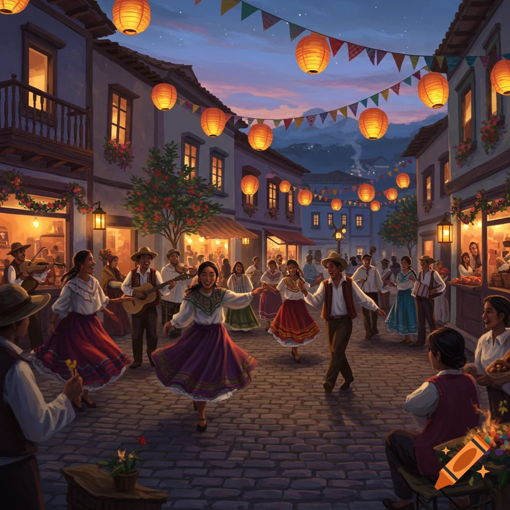 People in traditional clothing dance and play music in a festive village square at dusk, illuminated by lanterns and string lights.