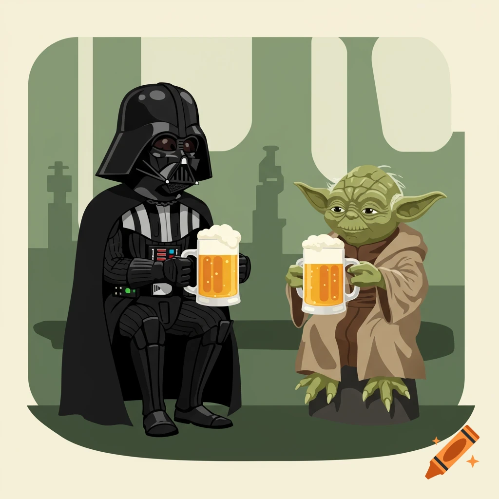 Cartoon illustration of Darth Vader and Yoda toasting with mugs of beer.