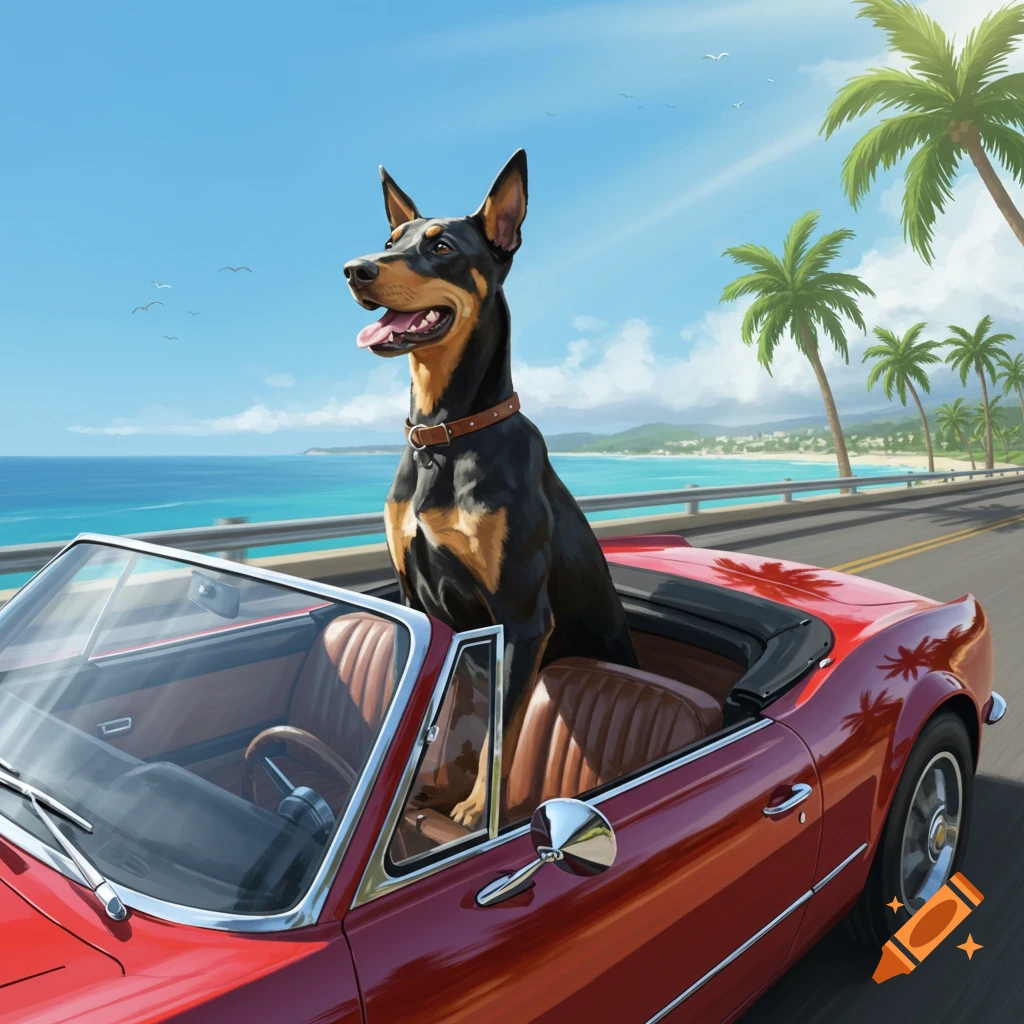 A happy Doberman dog rides in a red convertible along a scenic ocean highway with palm trees under a blue sky, in an illustrative style.