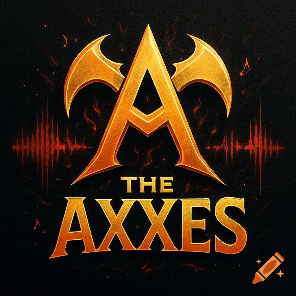 Golden metallic logo with a stylized 'A' featuring axe-like elements and the text 'THE AXXES' on a dark, fiery background with red sound wave graphics.