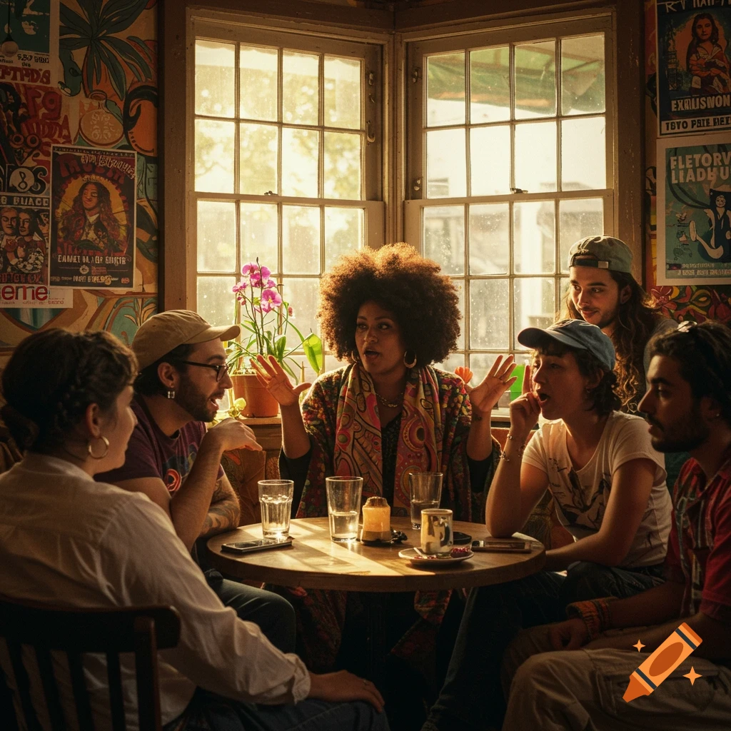 A diverse group of young adults converse around a table in a warmly lit cafe with posters on the walls and sunlight through large windows.