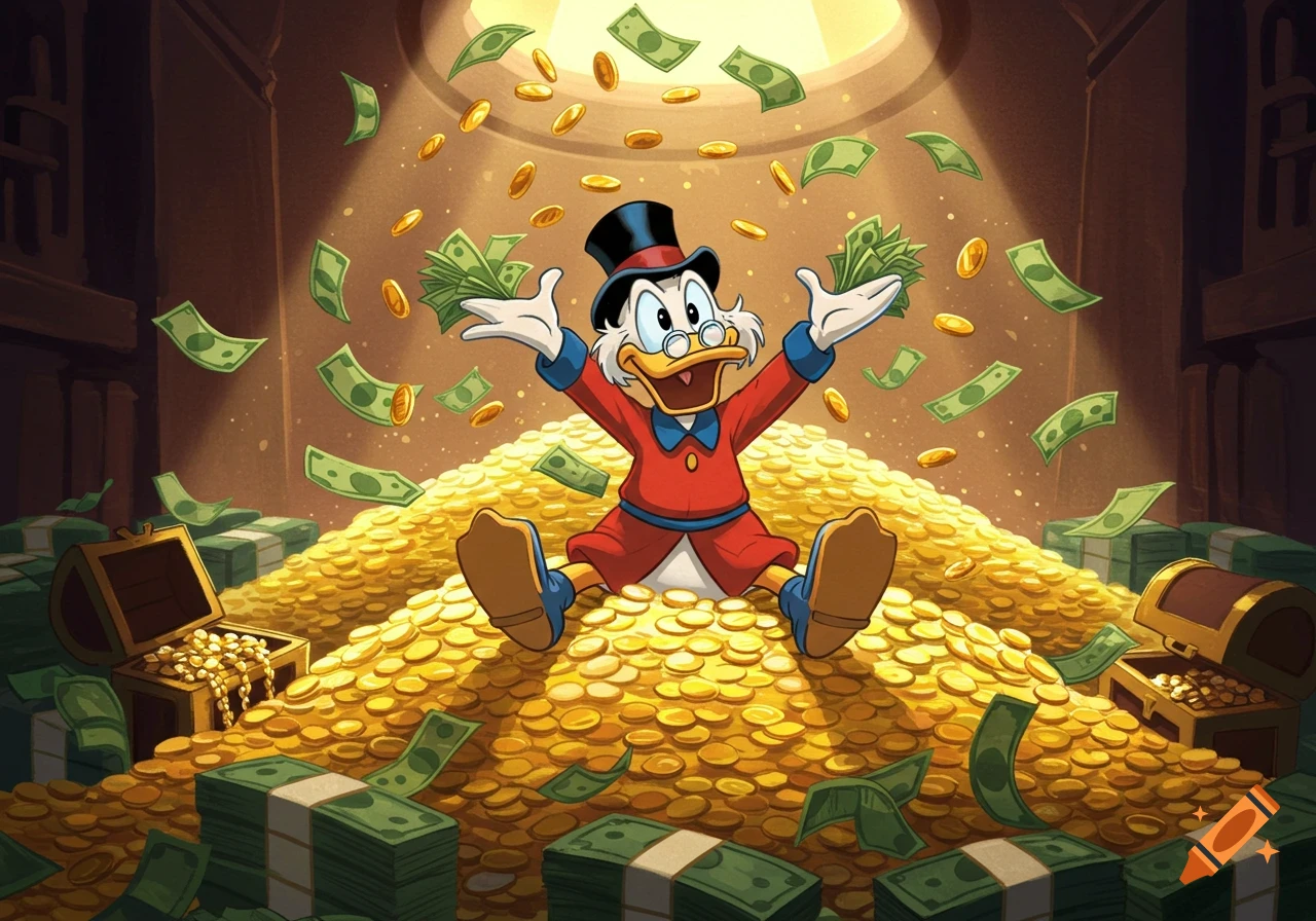 Scrooge McDuck jubilantly sits in a huge pile of gold coins and banknotes, throwing money into the air.