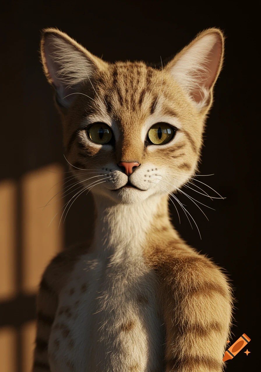 A photorealistic portrait of an anthropomorphic cat with green eyes, striped fur, and prominent whiskers, lit by warm natural light.