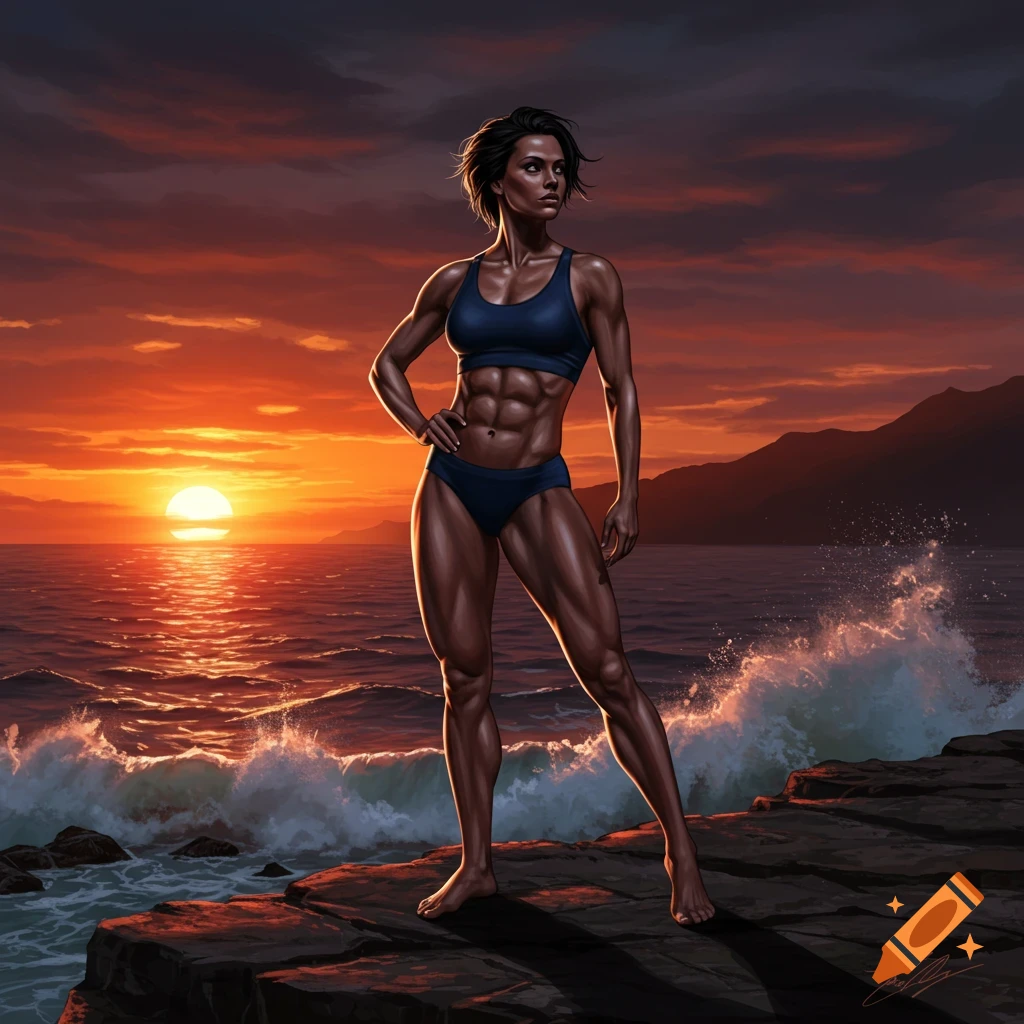 A digitally painted muscular woman stands on rocks by the ocean at sunset, looking confidently to the right.