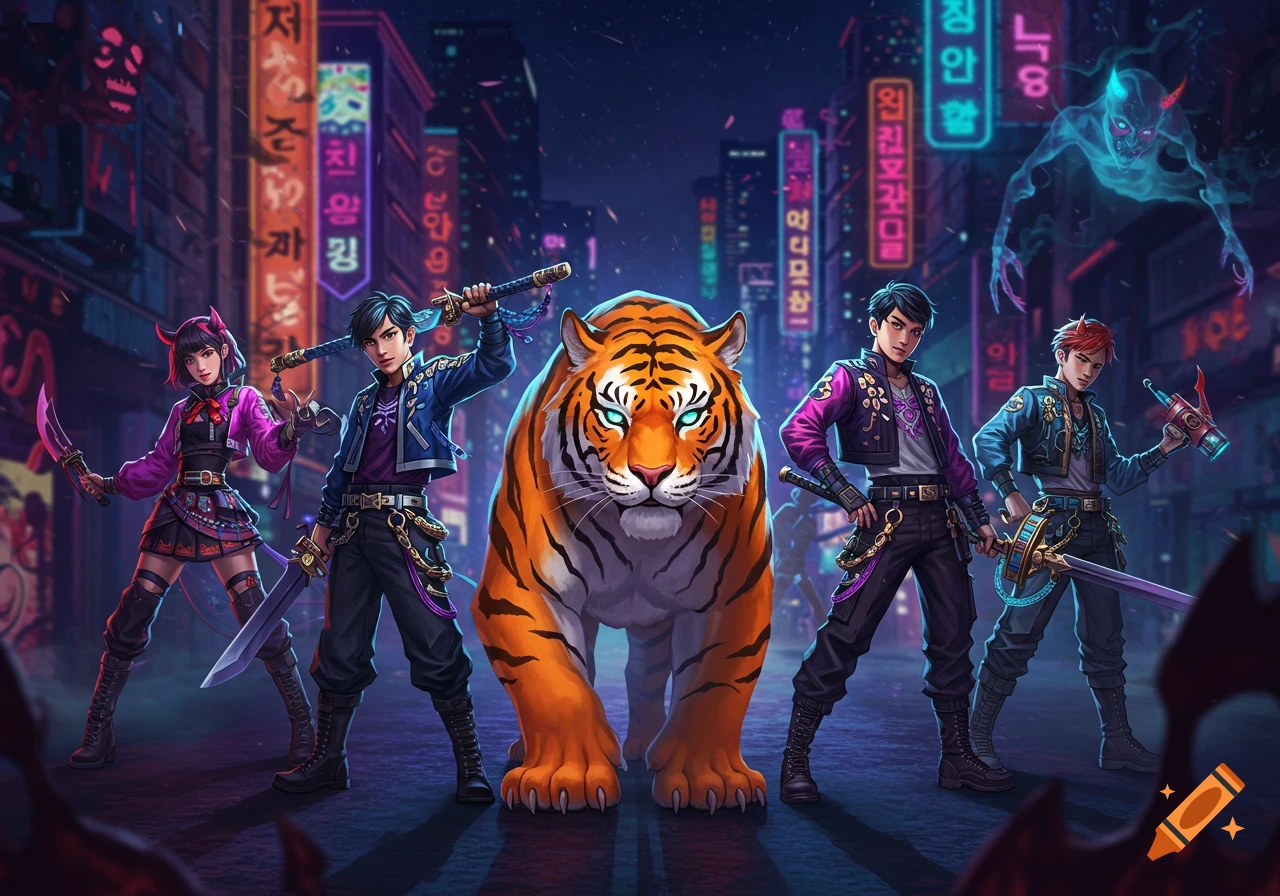 Four anime-style demon hunters and a large tiger pose with weapons in a neon-lit futuristic city street, with a ghostly figure above.